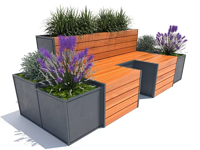 Outdoor Wooden Chair with Built-in Gray Planter Boxes Filled with Lavender and Green Plants 3d model