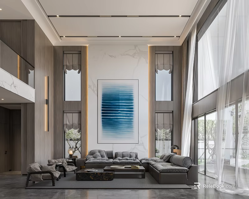 Modern Loft Living Room With High Ceiling Large Windows And Gray Furniture 3d model 