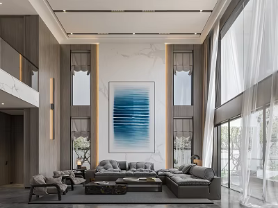 Modern Loft Living Room With High Ceiling Large Windows And Gray Furniture 3d model