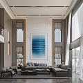Modern Loft Living Room With High Ceiling Large Windows And Gray Furniture