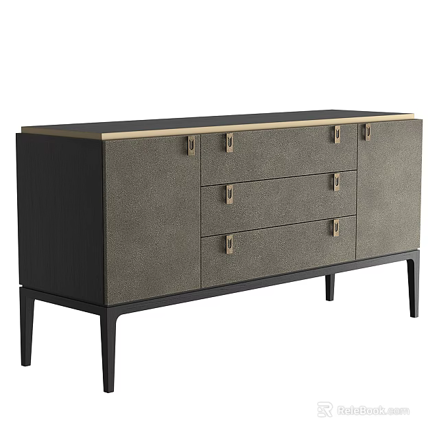 Elegant Console Side Cabinet With Gray Finish Black Frame Gold Handles Drawers And Tall Legs 3d model 