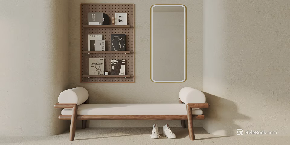 Sofa Bench With Wooden Frame White Cushion In Minimalist Interior With Pegboard Shelf And Mirror 3d model 
