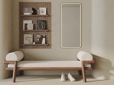 Sofa Bench With Wooden Frame White Cushion In Minimalist Interior With Pegboard Shelf And Mirror 3d model
