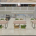 Modern Restaurant Dining Area With Wooden Tables Green Yellow Chairs White Pendant Lights Order Counter