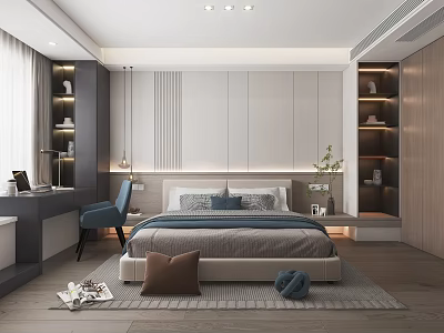 Modern Bedroom Interior Design With Bed Nightstand Desk Chair Shelves Plant And Lighting 3d model
