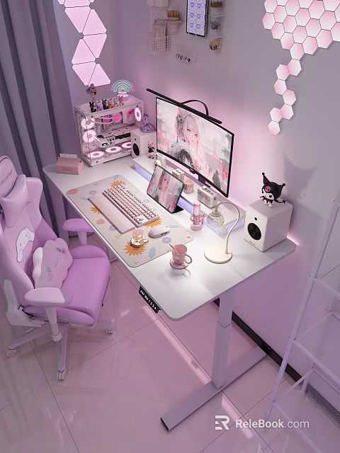 Functional Desk with Monitor Tablet Keyboard Mouse Desk Lamp Pink Decor and Cat Figurine 3d model 