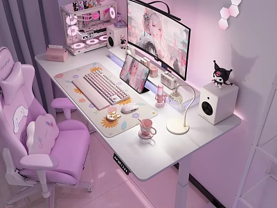 Functional Desk with Monitor Tablet Keyboard Mouse Desk Lamp Pink Decor and Cat Figurine 3d model