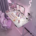 Functional Desk with Monitor Tablet Keyboard Mouse Desk Lamp Pink Decor and Cat Figurine