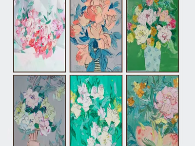 Vibrant Flower Bouquet Oil Paintings With Colorful Vases And Diverse Backgrounds 3d model