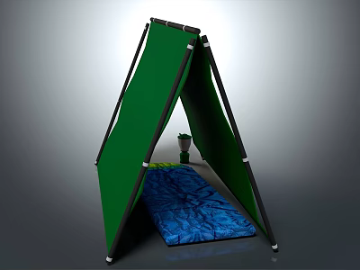 Green Triangular Tent Style Furniture With Blue Mat And Small Potted Plant 3d model