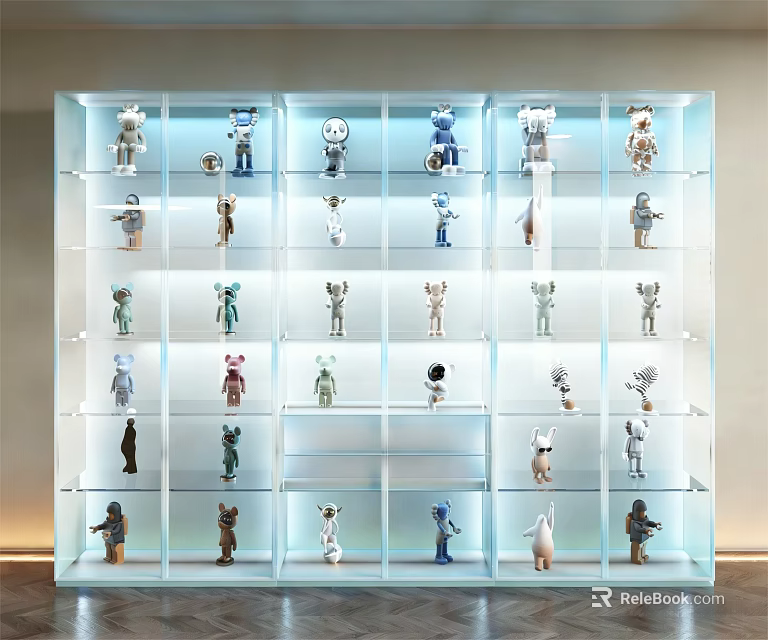 Illuminated Transparent Action Figure Display Cabinet With Multiple Shelves And Figurines 3d model 