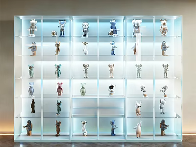 Illuminated Transparent Action Figure Display Cabinet With Multiple Shelves And Figurines 3d model