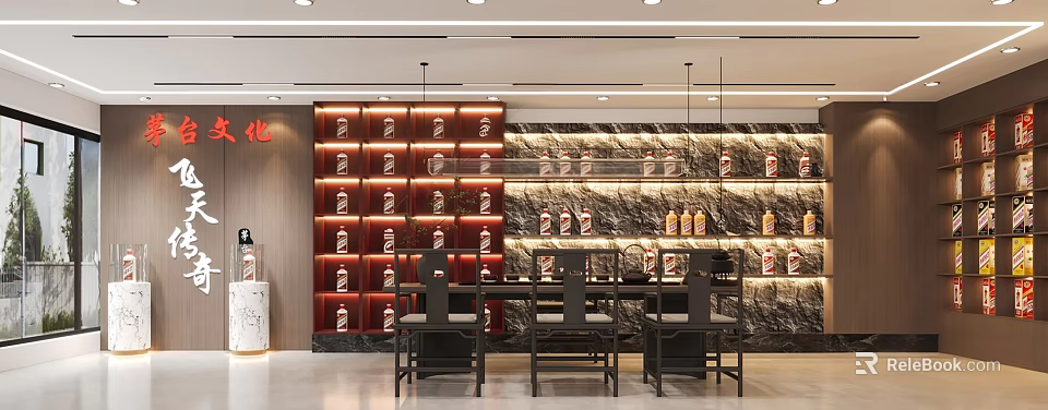 Tobacco And Alcohol Store Interior Design With Shelves Tables Chairs And Alcohol Displays 3d model 