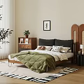 Double Bed with Wooden Headboard Green Quilt Pillows Wooden Nightstand Plant Painting and White Curtains
