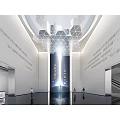 Modern Spacious Exhibition Hall With Domed Grid Ceiling Vertical Light Strip And Wall Inscriptions