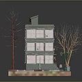 Multi Story Building Model With Balconies Roof Water Tank And Street Lamp