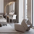 Modern Bedroom Interior With Striped Wall Platform Bed Built In Wardrobe And Round Mirror