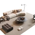 Modern Beige L shaped Sofa and Coffee Table Set With Black Marble Top Cushions Throw Blanket