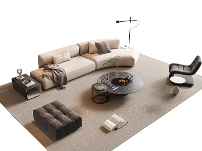 Modern Beige L shaped Sofa and Coffee Table Set With Black Marble Top Cushions Throw Blanket 3d model