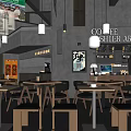 Modern Coffee Shop Interior With Wooden Tables Pendant Lights And Cashier Area