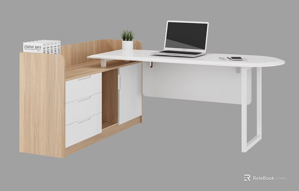 Modern Office Interior Design With Wooden White Desk Laptop Drawers And Green Plant 3d model 