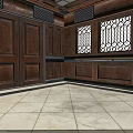 Vintage Interior Design With Wooden Walls Doors And Iron Grille Windows On Light Tile Floor