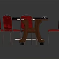 Red Surface Entertainment Table With Black Edge Six Red Chairs And Poker Chips On Top