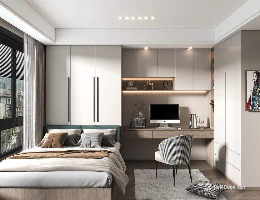 Tatami Bedroom Interior Design With Bed Desk Computer Chair Window And Storage Cabinets 3d model 