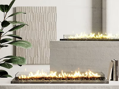 Modern Fireplace Interior With Burning Fire Green Plant And Decorative Wall 3d model