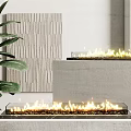 Modern Fireplace Interior With Burning Fire Green Plant And Decorative Wall 3d model