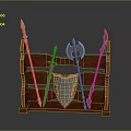 Ancient Weapons Arranged on Wooden Rack with Spear Sword Axe and Shield