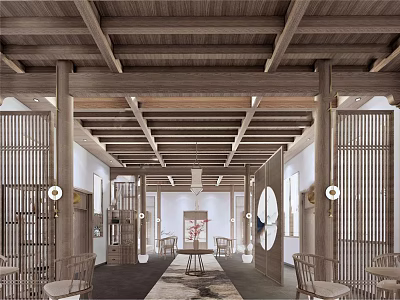 Chinese Style Hotel Public Lounge Interior With Wooden Ceiling Lattice Partitions And Chandelier 3d model