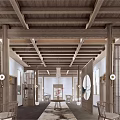 Chinese Style Hotel Public Lounge Interior With Wooden Ceiling Lattice Partitions And Chandelier
