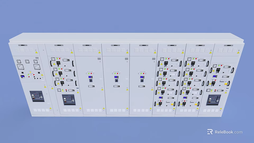 White Industrial Electrical Control Panels With Buttons Indicators And Switches On Light Blue Background 3d model 