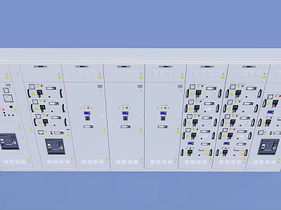 White Industrial Electrical Control Panels With Buttons Indicators And Switches On Light Blue Background 3d model