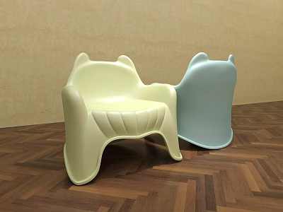 Cute Animal Shaped Children's Chairs with Light Yellow and Blue Colors in Wooden Floor Room 3d model