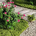 Charming Garden Design With Stone Pathway Green Lawn Pink Flowering Shrubs And Decorative Stones