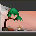 Cartoon Scene With Pink Walls Arched Doorway Potted Green Tree And Blue Tiled Floor