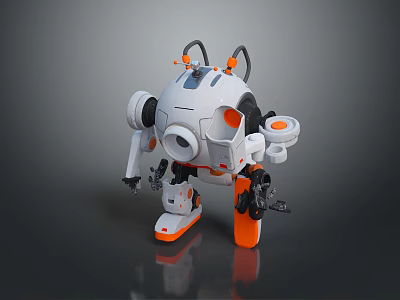 Game And Movie Robot Character With White Orange Mechanical Design Round Head Arms And Antennas 3d model