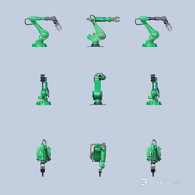 Green Robotic Arms In Various Industrial Poses And Functional Designs 3d model 