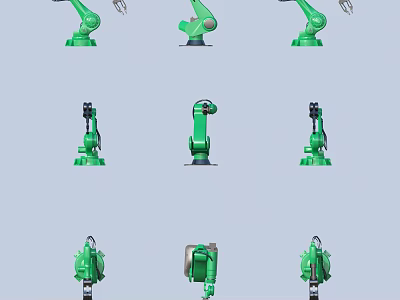 Green Robotic Arms In Various Industrial Poses And Functional Designs 3d model