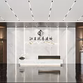 Elegant Modern Reception Area With Marble Front Desk Chandelier Lighting And Black Marble Flooring