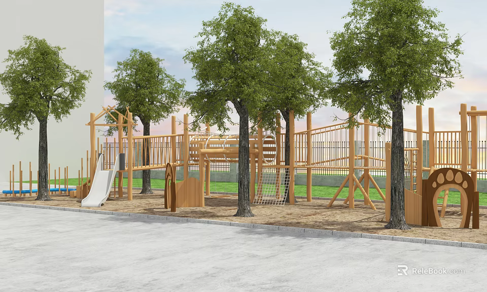 Kindergarten Outdoor Playground With Wooden Climbing Structure Slide Trees Sand And Grass 3d model 