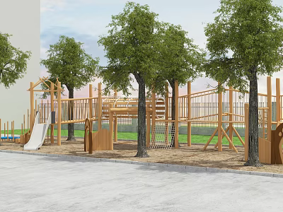 Kindergarten Outdoor Playground With Wooden Climbing Structure Slide Trees Sand And Grass 3d model