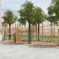 Kindergarten Outdoor Playground With Wooden Climbing Structure Slide Trees Sand And Grass