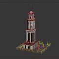 White and Red Tower Architecture with Spire Flag Base Green Plants and Square Area 3d model