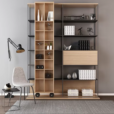 Modern Bookcase With Wooden Shelves Metal Frame Decorative Items Storage Boxes And Table Lamp 3d model