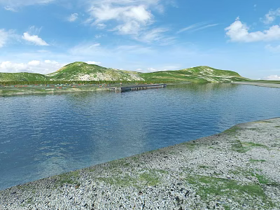 Serene Lakeside Natural Scenery With Calm Blue Water Green Hills White Clouds And Pebbled Shore 3d model