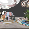 Vibrant Playground Featuring Cartoon Sculpture Pink Counter Striped Umbrella Green Plants And Decorative Houses