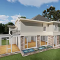 Two Story Detached Villa With Gray Roof Stone Wood Exterior Green Lawn And Trees